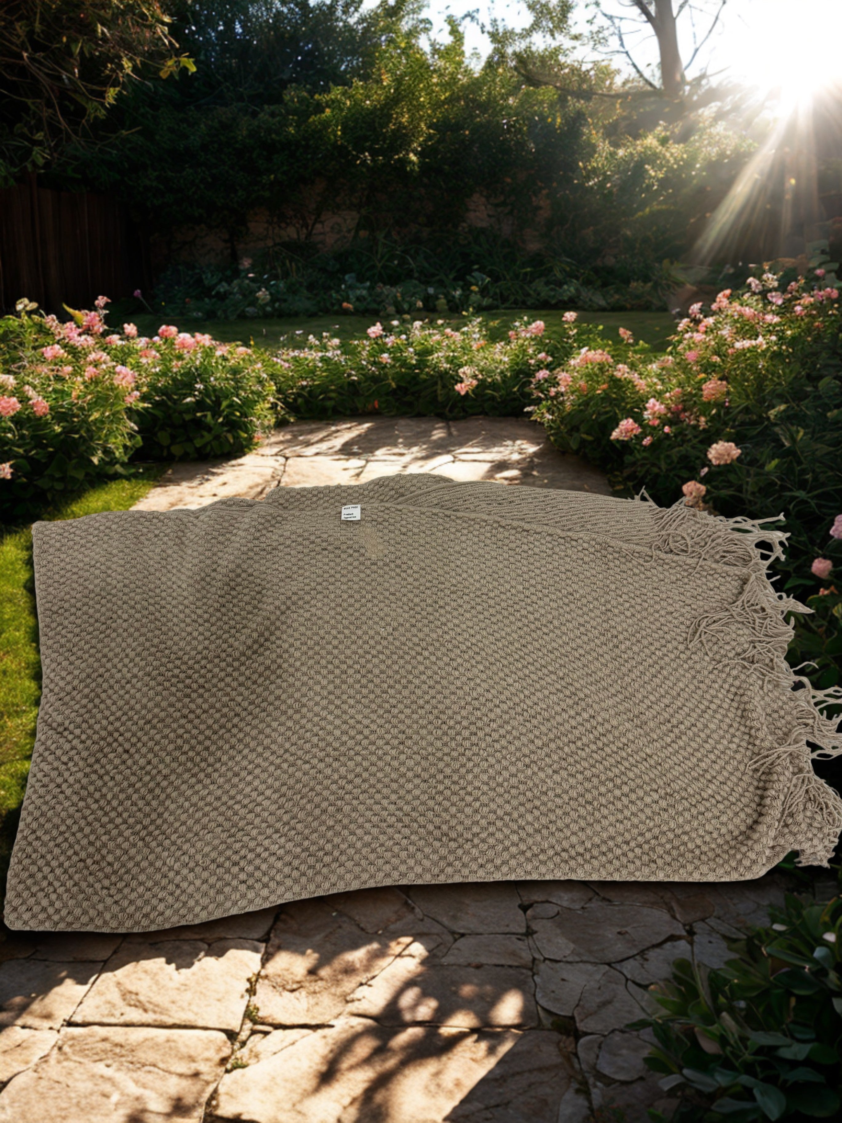 Blue Page Textured Woven Tapestry with Fringe – Warm Taupe