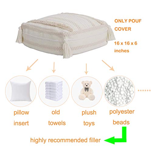 blue page Boho Neutral Decorative Square Unstuffed Pouf - Beige Braided Handwoven Casual Ottoman Pouf Cover with Tassels & Soft Tufted, Cute Foot Rest/Cushion for Bedroom Living Room