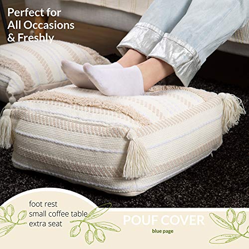 blue page Boho Neutral Decorative Square Unstuffed Pouf - Beige Braided Handwoven Casual Ottoman Pouf Cover with Tassels & Soft Tufted, Cute Foot Rest/Cushion for Bedroom Living Room