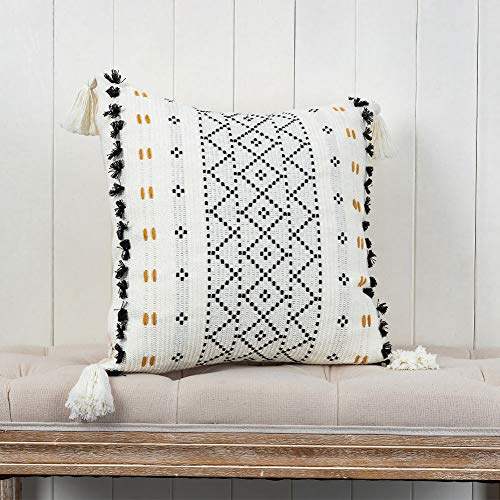 blue page Cotton Weave Boho Decorative Throw Pillow Covers, Tufted Pillow Cover for Couch Sofa Bedroom Living Room, Indoor Outdoor Pillow Cases with Tassels