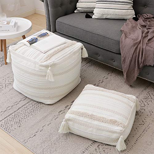 blue page Boho Neutral Decorative Square Unstuffed Pouf - Beige Braided Handwoven Casual Ottoman Pouf Cover with Tassels & Soft Tufted, Cute Foot Rest/Cushion for Bedroom Living Room
