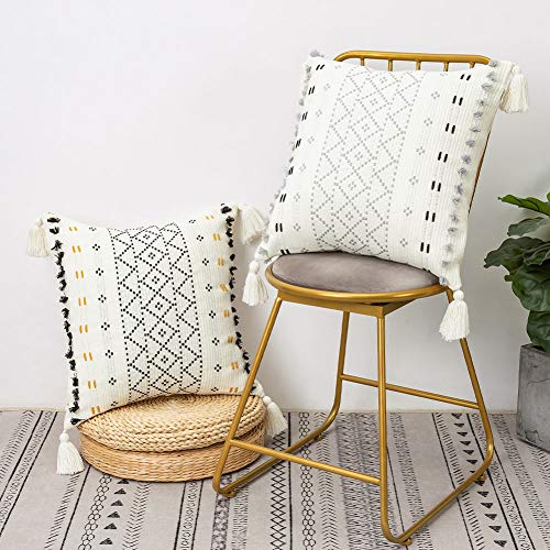 blue page Cotton Weave Boho Decorative Throw Pillow Covers, Tufted Pillow Cover for Couch Sofa Bedroom Living Room, Indoor Outdoor Pillow Cases with Tassels