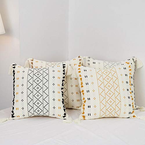 blue page Cotton Weave Boho Decorative Throw Pillow Covers, Tufted Pillow Cover for Couch Sofa Bedroom Living Room, Indoor Outdoor Pillow Cases with Tassels
