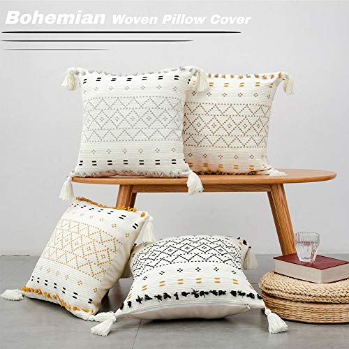 blue page Cotton Weave Boho Decorative Throw Pillow Covers, Tufted Pillow Cover for Couch Sofa Bedroom Living Room, Indoor Outdoor Pillow Cases with Tassels