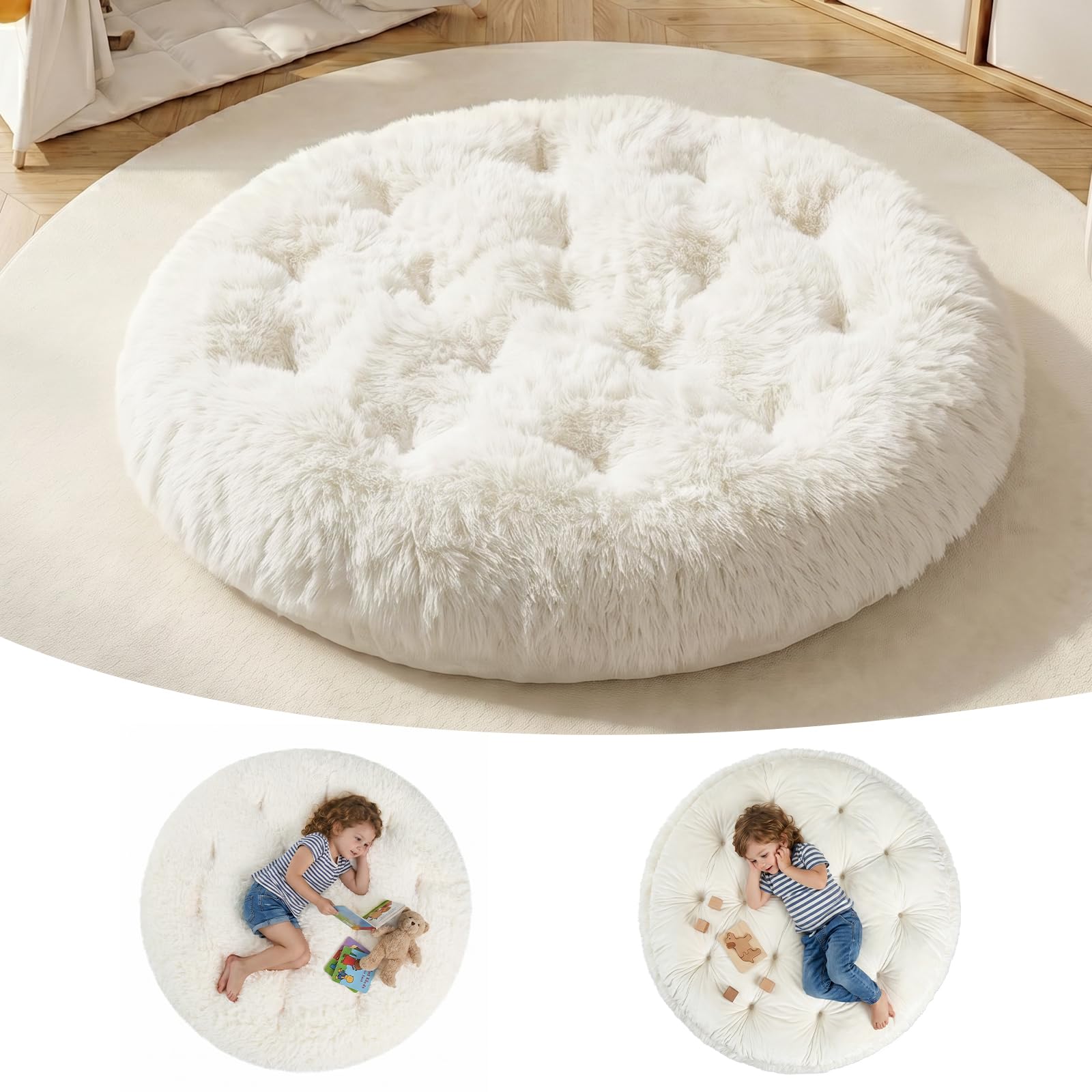 blue page Round Kids Play Mat 5.9 in Thick, Reversible Circle Nursery Rug