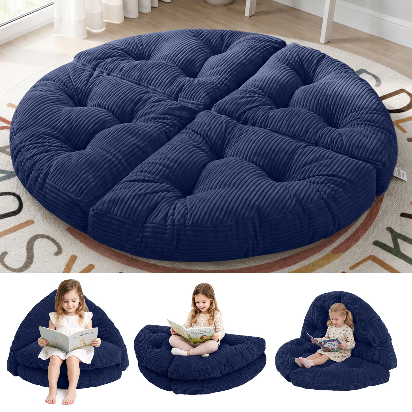 blue page Round Kids Play Mat 5.9 in Thick, 6-in-1 Circle Nursery Rug