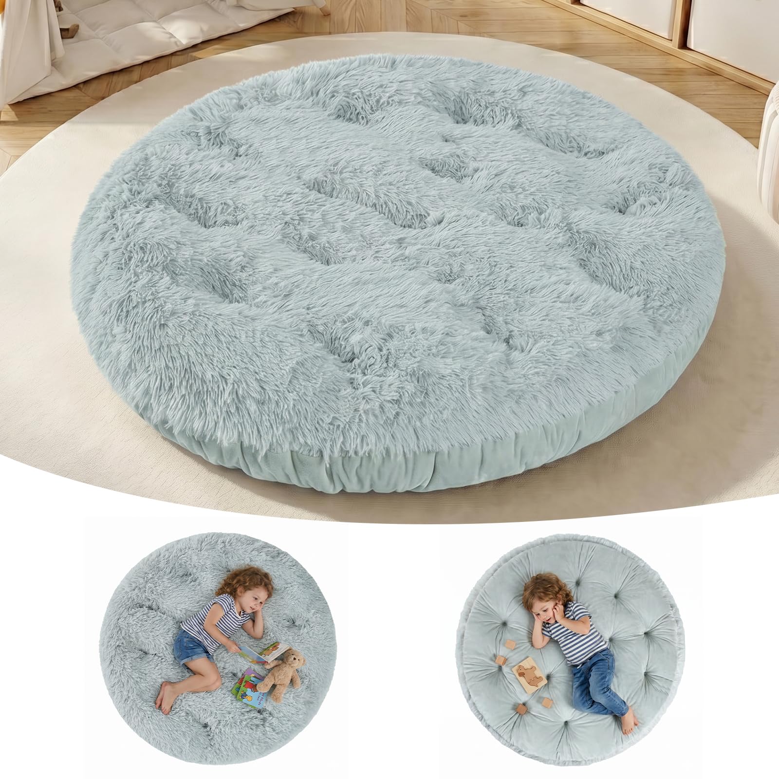 blue page Round Kids Play Mat 5.9 in Thick, Reversible Circle Nursery Rug