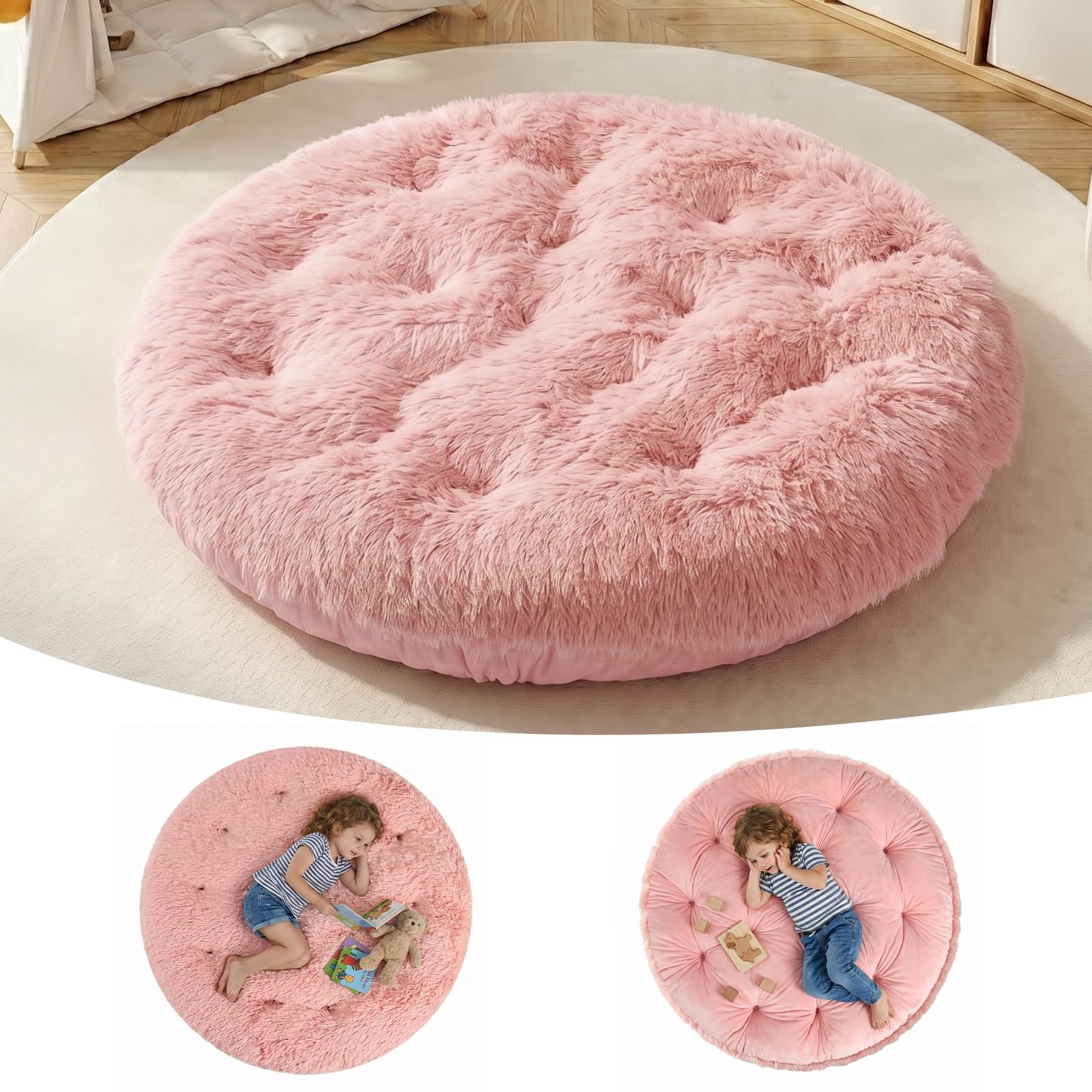blue page Round Kids Play Mat 5.9 in Thick, Reversible Circle Nursery Rug