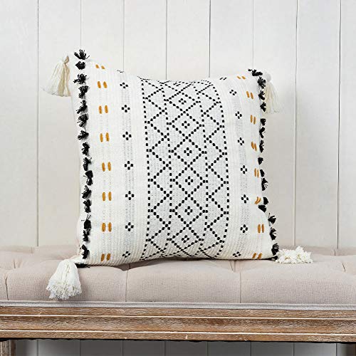 blue page Cotton Weave Boho Decorative Throw Pillow Covers, Tufted Pillow Cover for Couch Sofa Bedroom Living Room, Indoor Outdoor Pillow Cases with Tassels