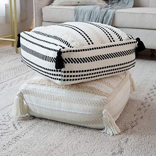 blue page Boho Neutral Decorative Square Unstuffed Pouf - Beige Braided Handwoven Casual Ottoman Pouf Cover with Tassels & Soft Tufted, Cute Foot Rest/Cushion for Bedroom Living Room