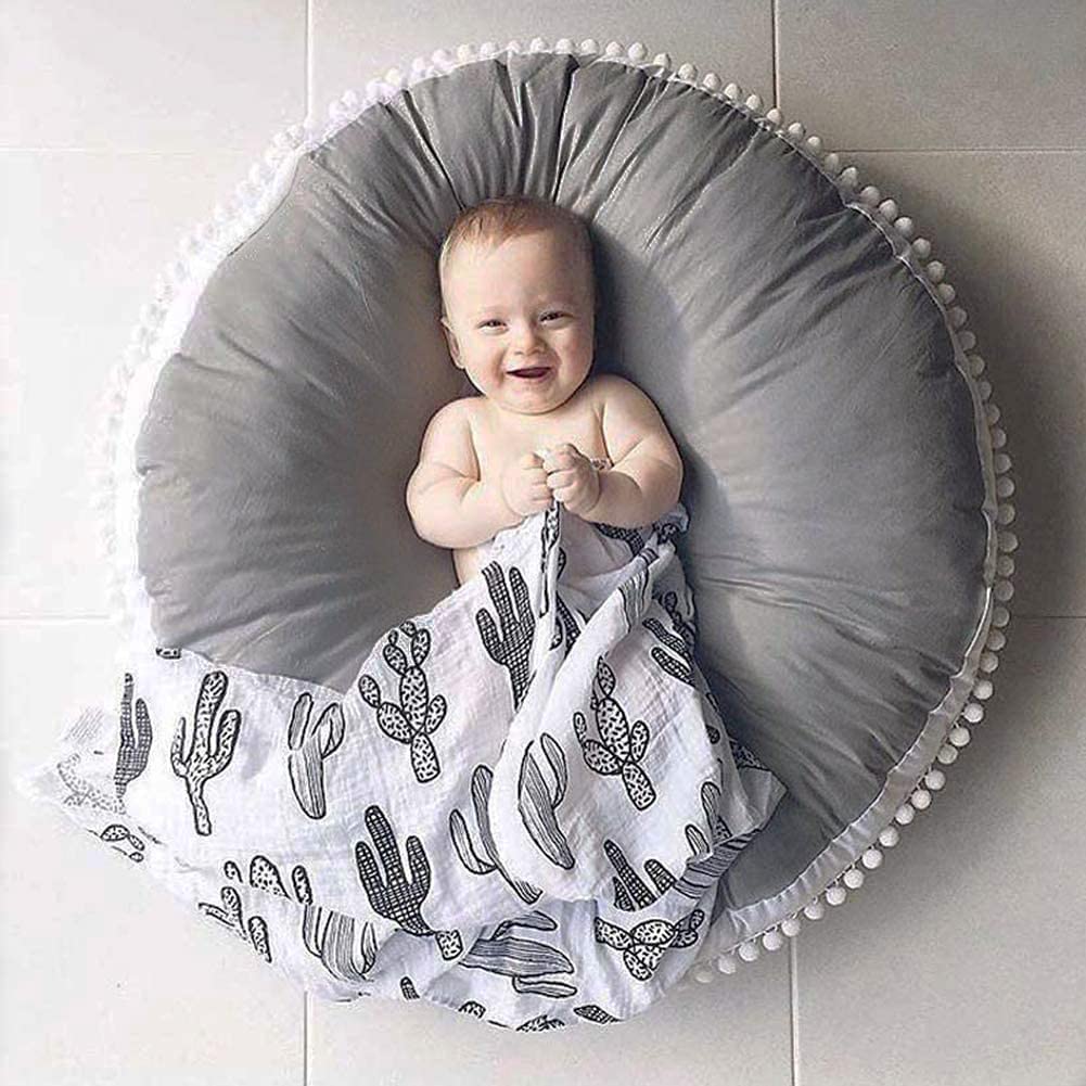 Kids Floor Pillow Cushion Seating Round Large Floor Cushion, Oversized Circle Pillow for Reading Nook Canopy Nursery Playroom Teepee Meditation, Soft Big Circular Cushion with Cute Pompom, Grey 23.6"